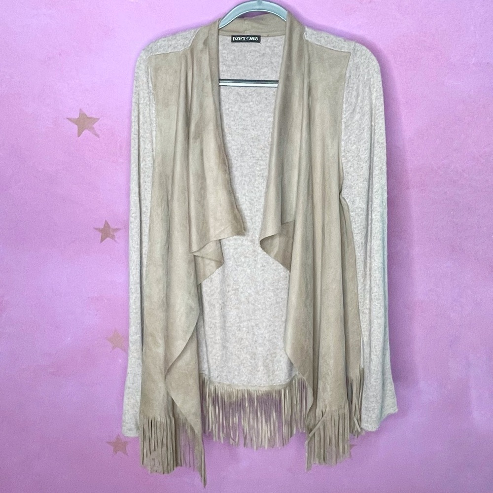 Dolce Cabo Angora Microsuede Fringe Classic Waterfall Cardigan Sweater Medium